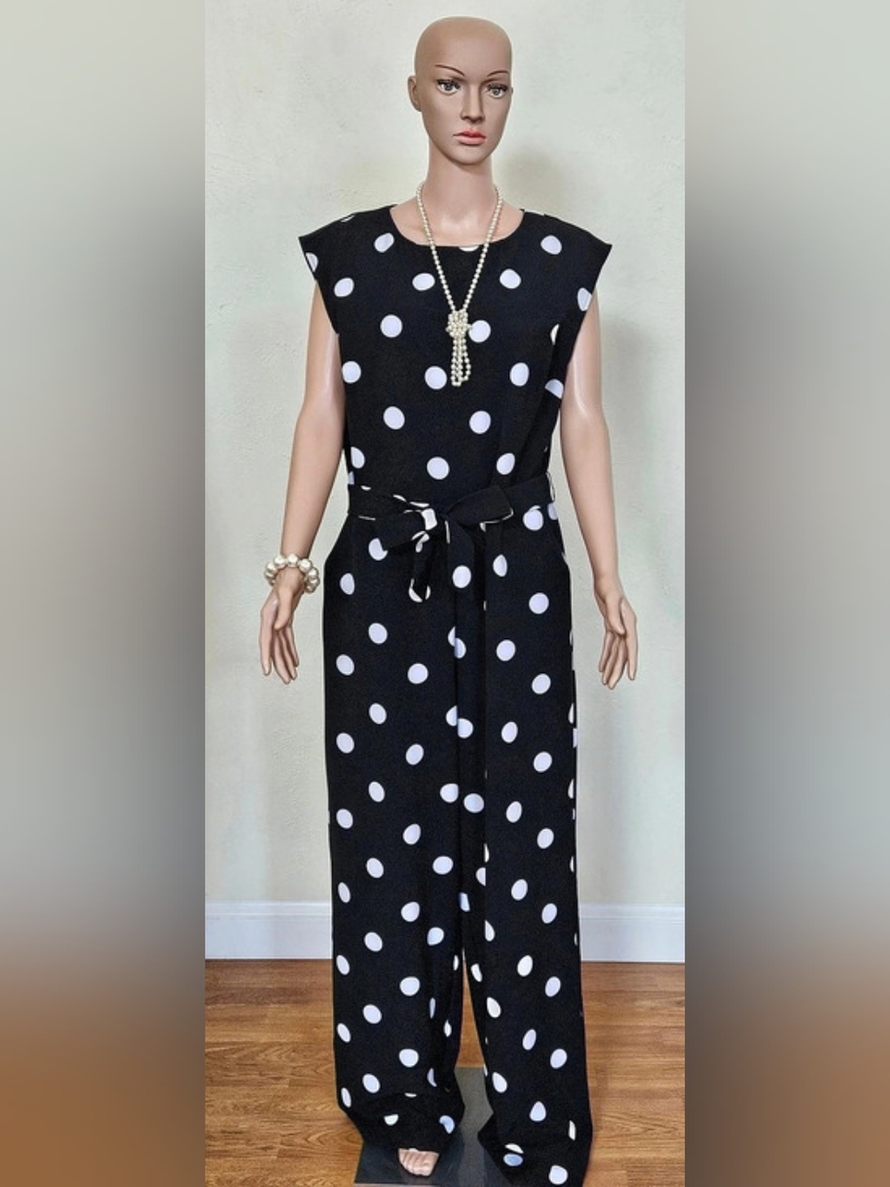 Polka Dot Wide Leg Jumpsuit in Black & White Like New